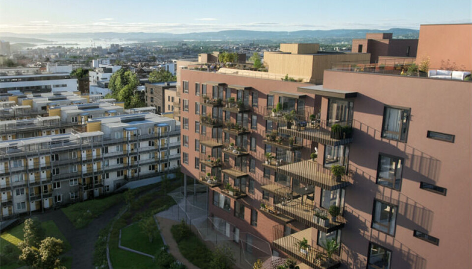 Prosjektet Lille Løren Park, der Selvaag Bolig er utbygger, er en av de tre prosjektene der det er stilt krav om barnehage. Nå vil ikke kommunen ta over barnehagene. Illustrasjon: HRTB Arkitekter