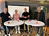 F.v.: Programleder Frode Aga, konserndirektør Utbygging Bettina Sandvin i Bane Nor, utbyggingsdirektør Espen Almlid i Nye Veier og programleder Christian Aarhus under den første av tre podkaster fra Bygg Arena Arendal. Foto: Arve Brekkhus