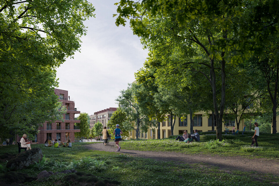 Grøntarealer skal oppgraderes til en samlet bypark. Illustrasjon: KIMA Arkitektur