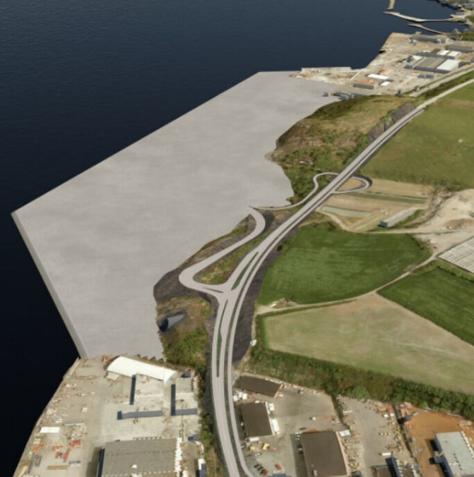 Illustrasjon av fremtidig næringsområde ved Mekjarvik. Utfyllingen binder sammen to allerede eksisterende næringsområder, ifølge Statsforvalteren. Illustrasjon: Statens vegvesen