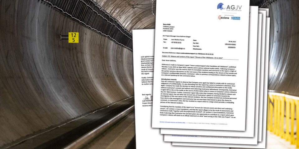 Skjermdump av brevet sendt fra AGJV til Bane Nor 9. juni. Montasje: Rune Sørlie Bakgrunnsfoto: Terje Pedersen / NTB Skjermdump av brevet sendt fra AGJV til Bane Nor 9. juni. Montasje: Rune Sørlie Bakgrunnsfoto: Terje Pedersen / NTB