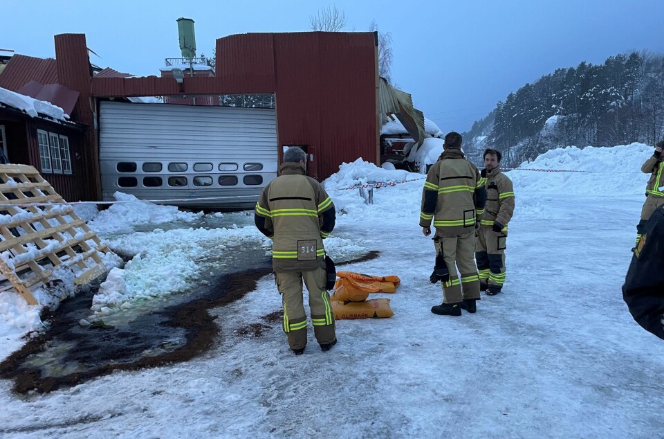 En 450 kvadratmeter stor lagerhall kollapset tirsdag morgen. Heldigvis ble ingen skadet i kollapsen. En 450 kvadratmeter stor lagerhall kollapset tirsdag morgen. Heldigvis ble ingen skadet i kollapsen. Foto: Helge Vestervik / Fokus Produksjon