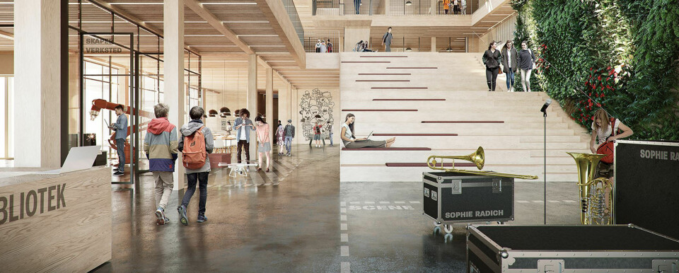 Illustrasjon fra Arkitema Architects av interiør på Sophie Radich skole. Klikk for større versjon