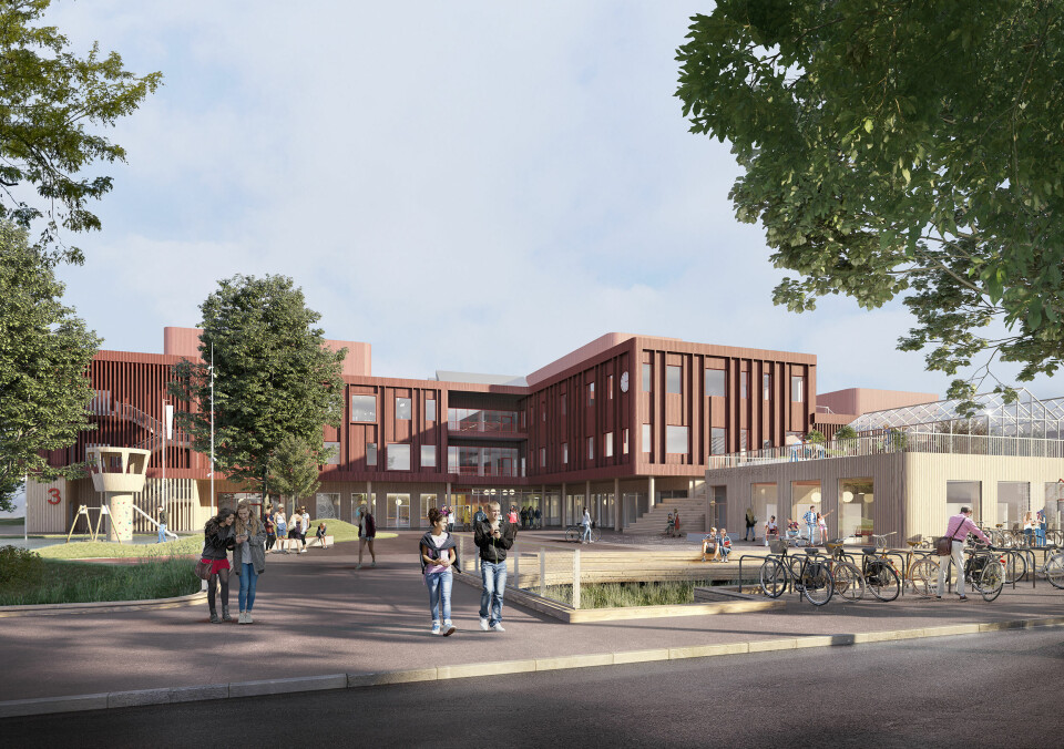 Illustrasjon fra Arkitema Architects av eksteriør på Sophie Radich ungdomsskole. Klikk for større versjon