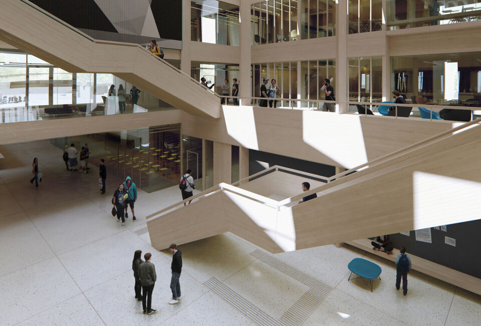 Illustrasjonen viser trebruken ved nye St. Olav videregående skole i Sarpsborg.Illustrasjon: Norconsult. Illustrasjonen viser trebruken ved nye St. Olav videregående skole i Sarpsborg.