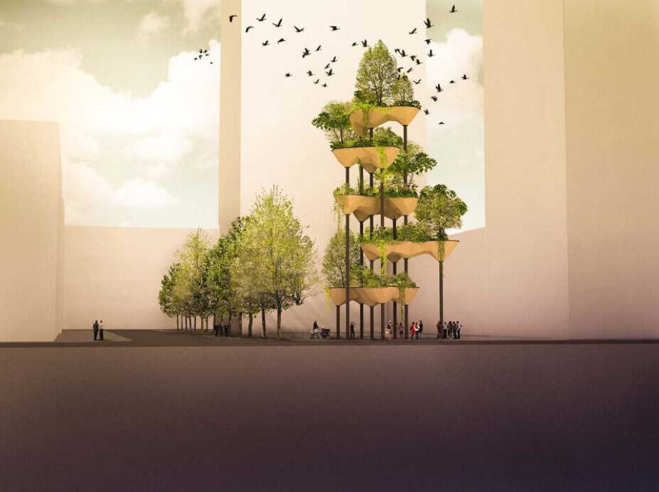 Hager i høyden blir utformet av kunstig intelligens og robotarmer i Sveits. Illustrasjon: ETH Zurich Hager i høyden blir utformet av kunstig intelligens og robotarmer i Sveits. Illustrasjon: ETH Zurich