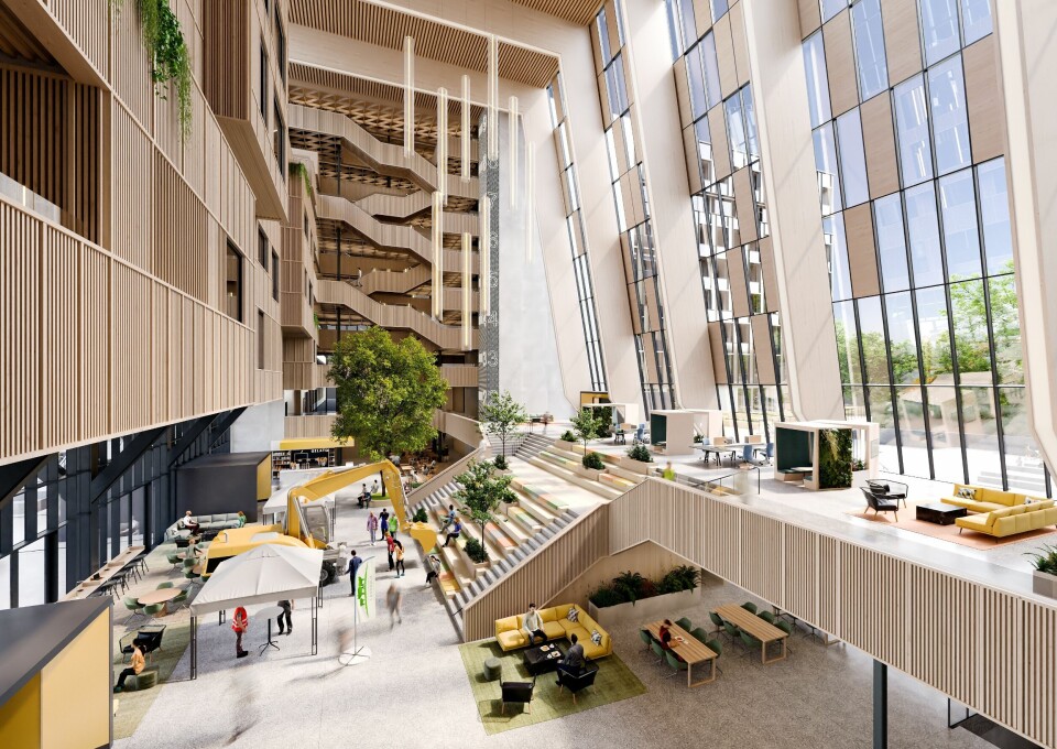 Glasshallen er byggets hjerterom. Rommet er stort og lyst i Nordisk stil, og byr opp til samhandling. Ill. LINK Arkitektur / 3D Estate Glasshallen er byggets hjerterom. Rommet er stort og lyst i Nordisk stil, og byr opp til samhandling. Ill. LINK Arkitektur / 3D Estate