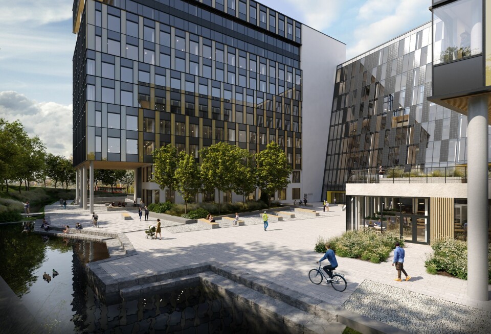På byggets sydside er solplassen - en større utendørs møteplass i et grønt og inviterende miljø. Ill. LINK Arkitektur / 3D Estate Klikk for større versjon På byggets sydside er solplassen - en større utendørs møteplass i et grønt og inviterende miljø. Ill. LINK Arkitektur / 3D Estate