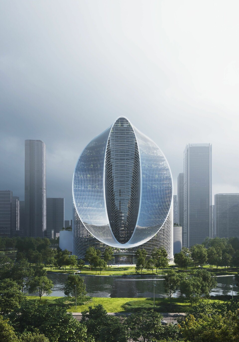 O-Tower i den kinesiske byen Hangzhou er designet med en vridende ring som skaper illusjonen av en evighetsform som et Möbius-bånd. Illustrasjon: BIG