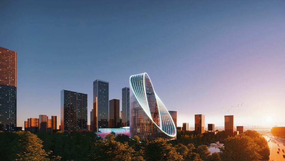O-Tower i den kinesiske byen Hangzhou er designet med en vridende ring som skaper illusjonen av en evighetsform som et Möbius-bånd. Illustrasjon: BIG