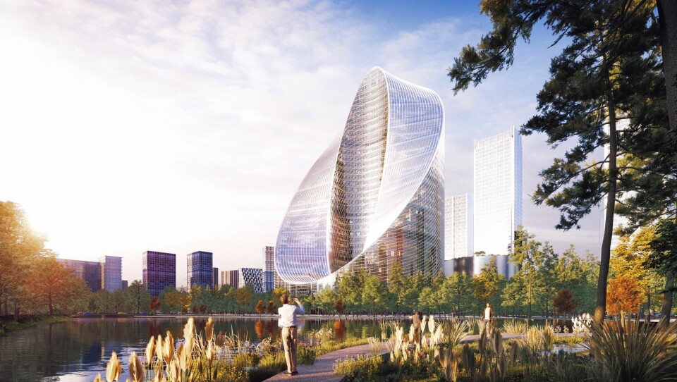 O-Tower i den kinesiske byen Hangzhou er designet med en vridende ring som skaper illusjonen av en evighetsform som et Möbius-bånd. Illustrasjon: BIG