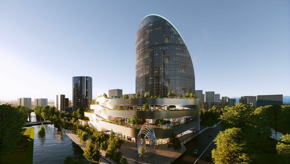 O-Tower i den kinesiske byen Hangzhou er designet med en vridende ring som skaper illusjonen av en evighetsform som et Möbius-bånd. Illustrasjon: BIG