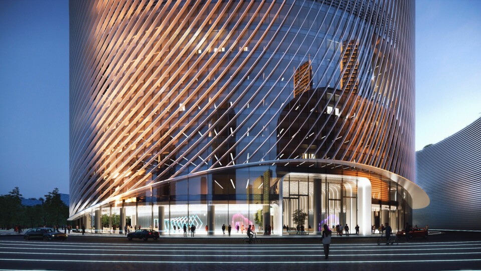 O-Tower i den kinesiske byen Hangzhou er designet med en vridende ring som skaper illusjonen av en evighetsform som et Möbius-bånd. Illustrasjon: BIG