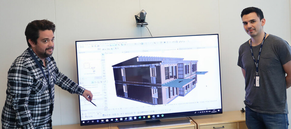 Jonas Fjeldstad og Anthony Flores demonstrerer hvordan man bruker ArchiFrame til elementproduksjon av ferdighus. Klikk for større versjon