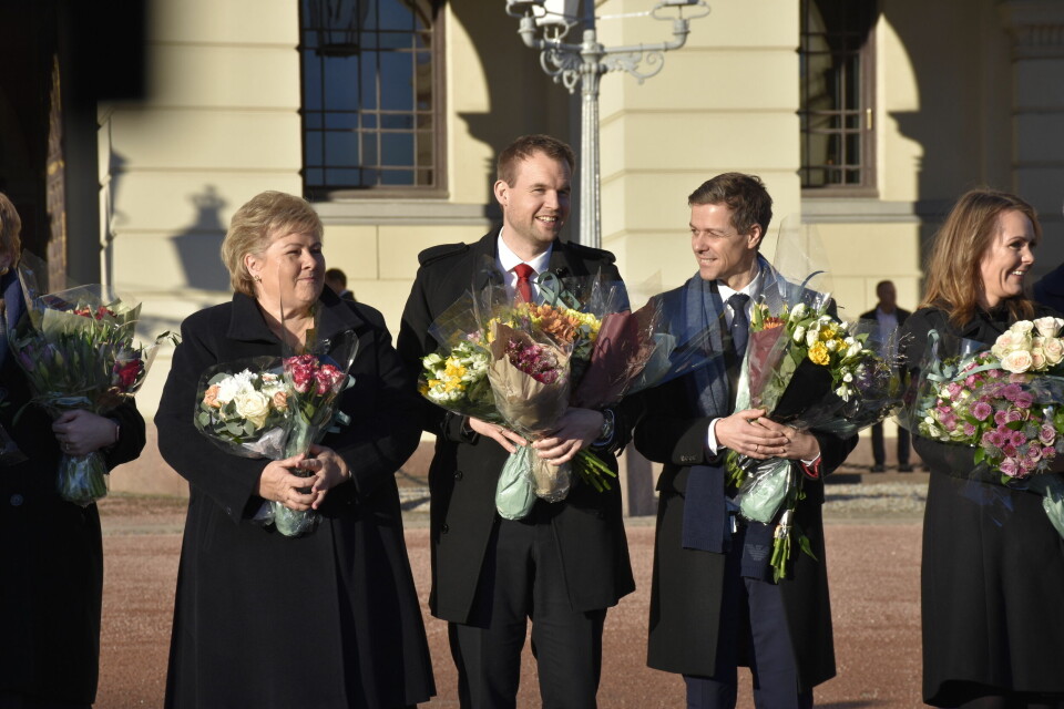 Statsminister Erna Solberg (H) presenterte sin nye regjering på Slottsplassen. Foto: Stefan Offergaard