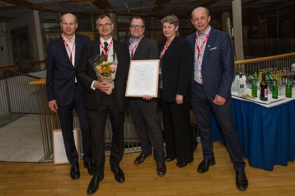 Nominerte til Årets trebyggeri for Steibrua, Per Kristian Skjølås (fra venstre), Jon Grunde Roland, Johannes Veie, Hanne Lie og Rune Abrahamsen.