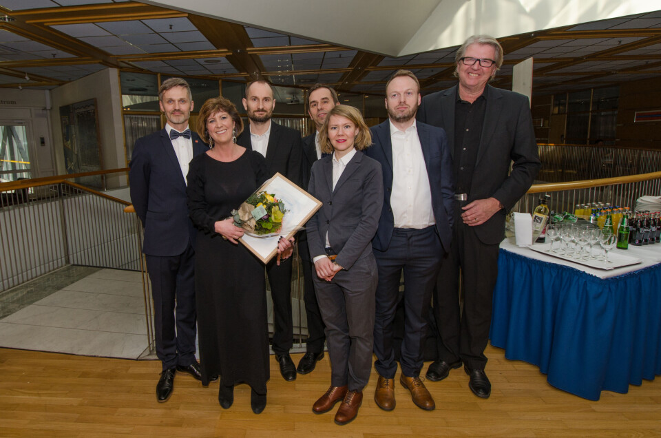 Nominerte til (og vinnere av) Årets trebyggeri 2016 for Moholt 50|50, Sigbjørn Faanes (fra venstre), Lisbeth Aspås, Helge Lunder, Bjørn Arve Snekvik, Minna Riska, Dagfinn Sagen og Lars Erik Borge.