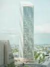 SLANK. Estrel Tower blir en slank, sølvskimrende bygning. Fasaden er i glass og aluminiumslameller. Illustrasjon: Barkow Leibinger