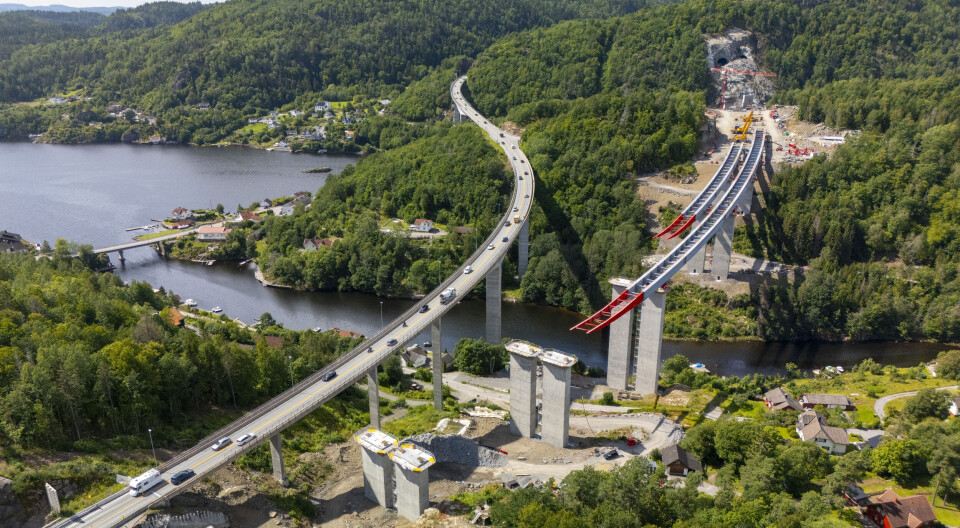 E18 Rugtvedt - Landgangen er et av de største prosjektene Nye Veier bygger for tiden. Flere andre står på vent på grunn av pengemangel. Foto: Tor Erik Schrøder / NTB
