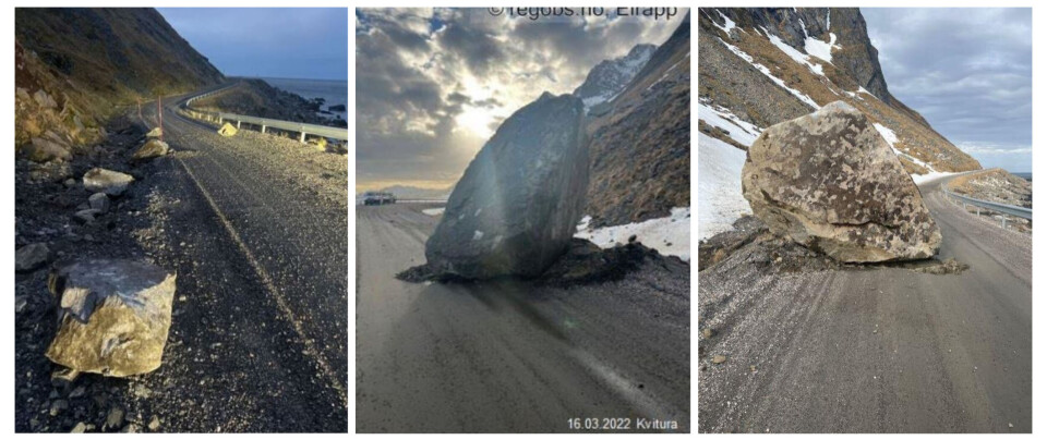 Bilder fra Nordland fylkeskommune fra noen av mange steiner som har havnet på fylksveien de siste årene.
