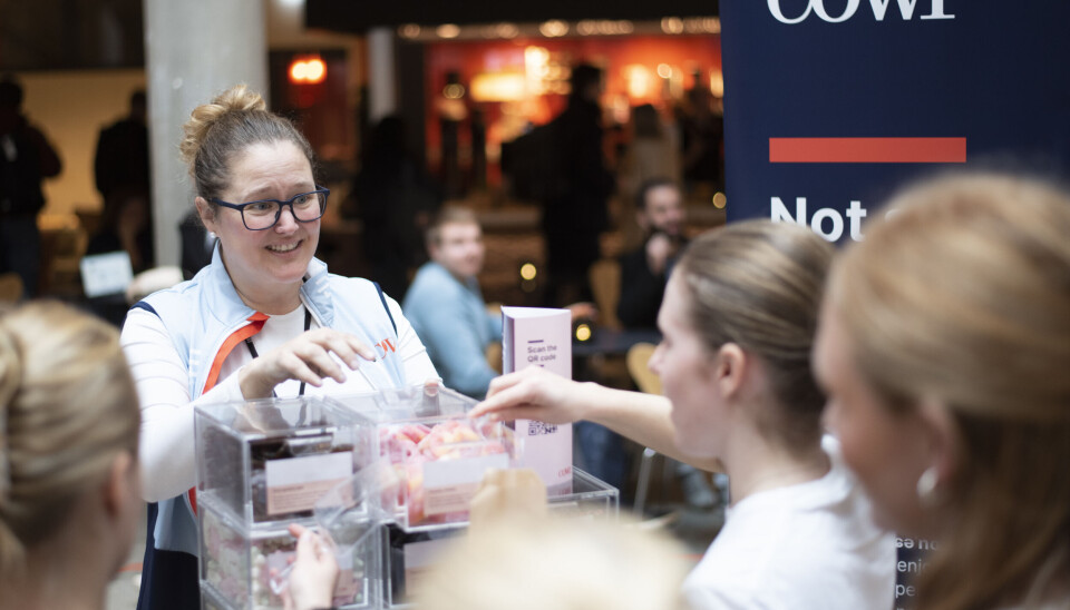 Ida Herre i COWI bruker forskjellig smågodt for å snakke om forskjellige utfordringer som man kan være med på å løse hos dem.