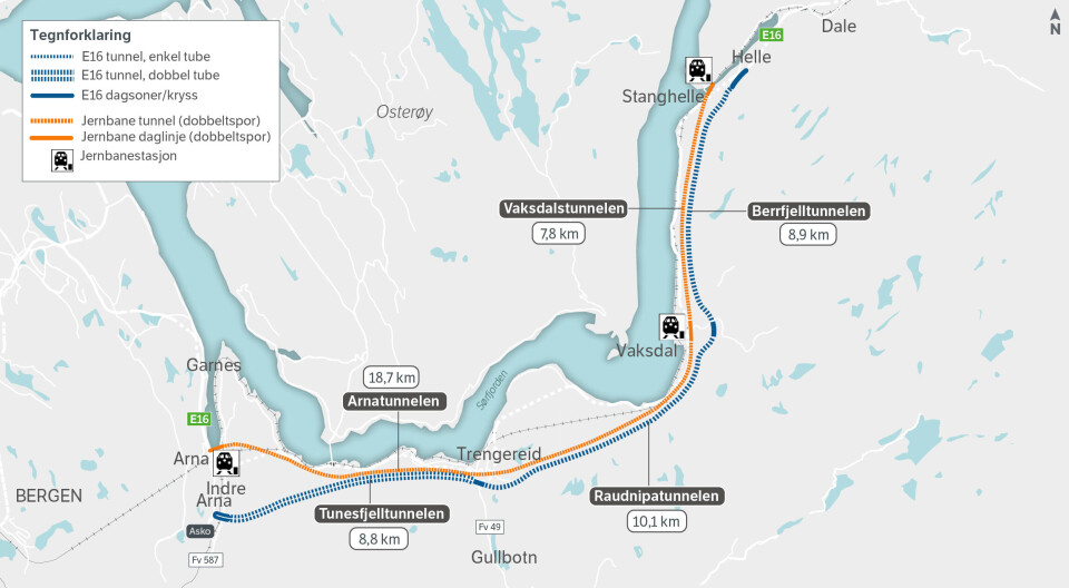 Tunnelarbeidene er delt inn i tre kontraktsområder, delt opp mellom de to dagsonene i Trengereid og Vaksdal. Det betyr at entreprenørene skal bygge både vei- og jernbanetunnel på hver av kontraktene. Illustrasjon: Statens vegvesen