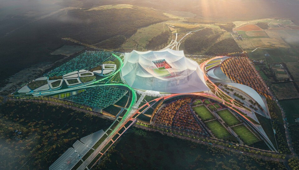 Verdens største fotballstadion skal bygges utenfor Casablanca i Marokko til VM i 2030. Illustrasjon: Poulous / Oualalou + Choi