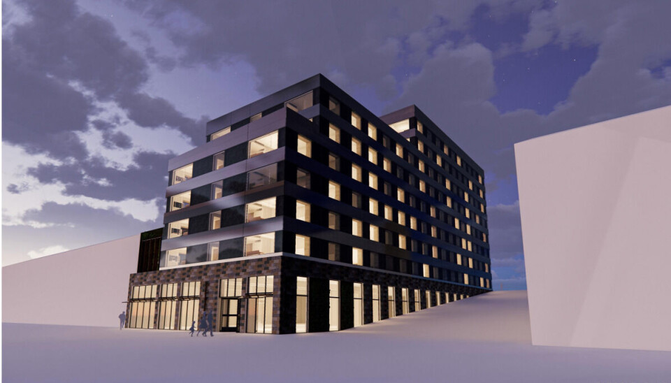 Dette er en av tegningene som ble presentert over hotellet i Kongens gate og Dronningens gate i Narvik sentrum tidligere i høst.