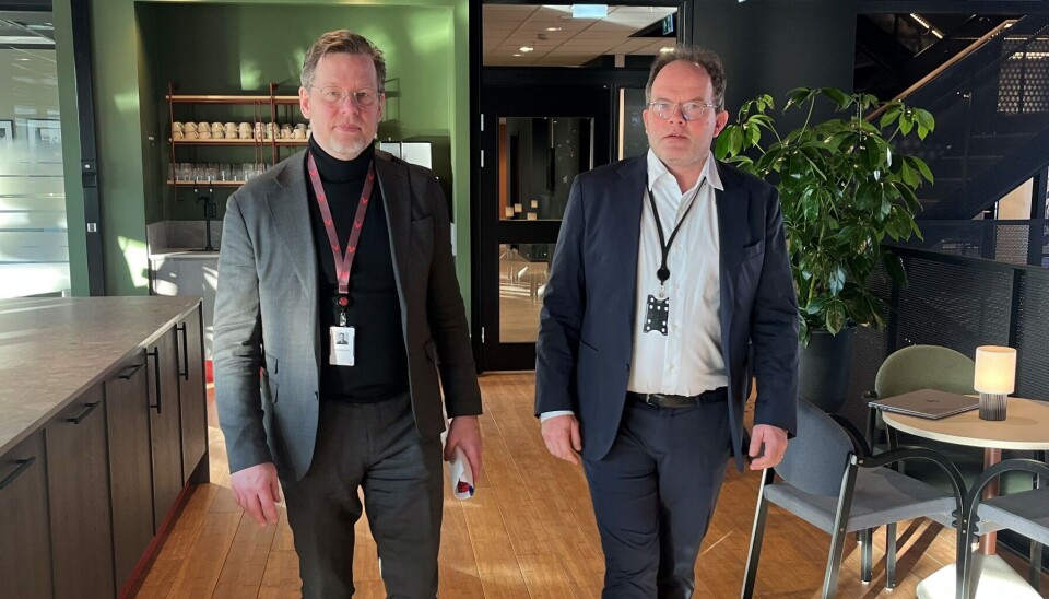 Konsernsjef Jimmy Bengtsson og konserdirektør for finans Jørge Wiese Porsmyr i Veidekke. Foto: Frode Aga