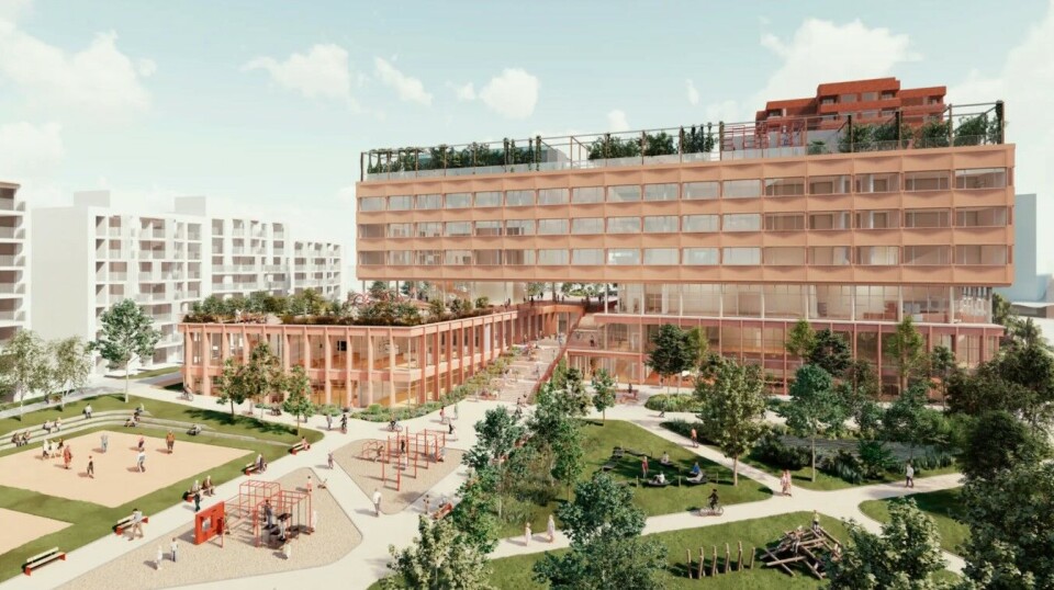 Utbyggingen av barne- og ungdomsskole på Hoff er ett av flere prosjekter som Utdanningsetaten i Oslo kommune har varslet at de vil stanse. Illustrasjon: Probea/Oslobygg