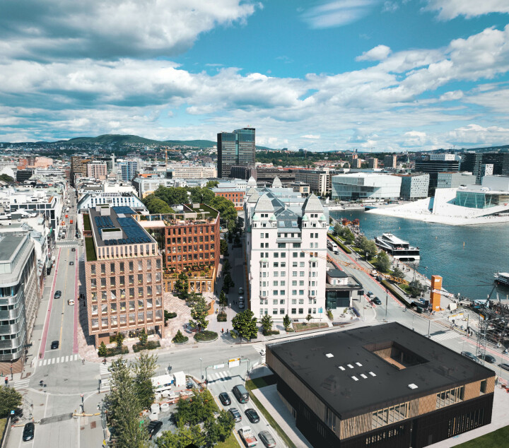 Dronebilde med bygg som viser hvordan Fiskebrygga-prosjektet vil bli når det står ferdig.