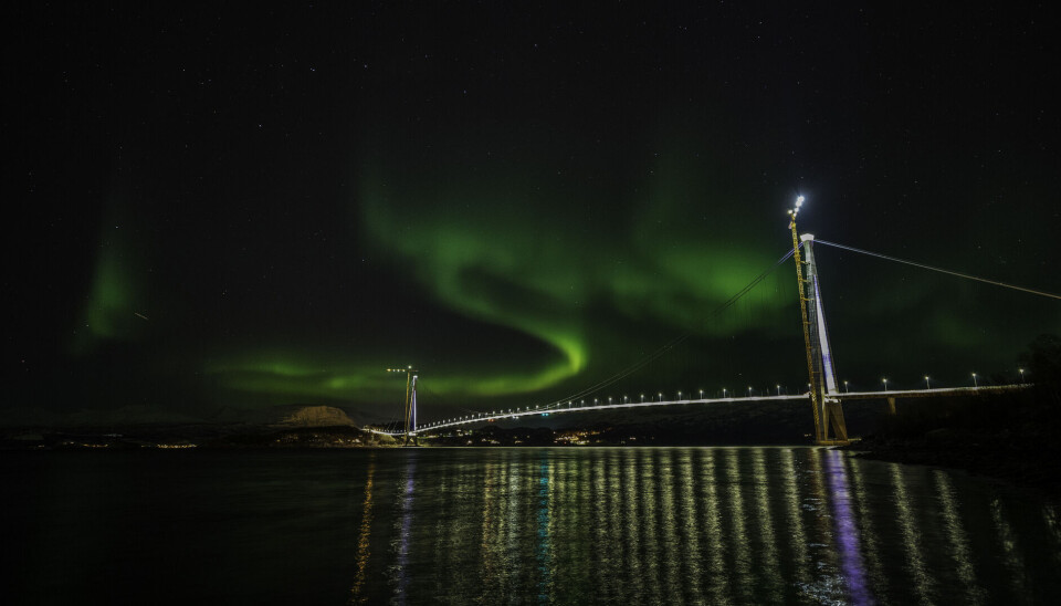 Det elektriske anlegget på Hålogalandsbrua på E6 inngår i den nye kontrakten. Naturen sørger for nordlyset. Foto: Tomas Rolland / Statens vegvesen.