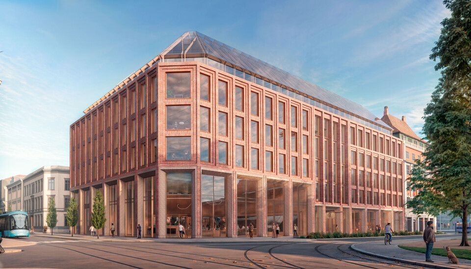 Strandgata 19 blir et ambisiøst kontorbygg i rød teglstein og glass på en av Oslos mest sentrale tomter. Illustrasjon: Lund + Slaatto Arkitekter