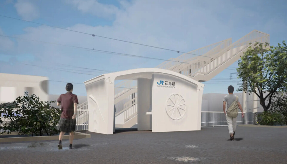 I Japan har de bygget det som skal være verdens første togstasjonsbygning tilvirket med 3D-printer. Illustrasjon: West Japan Railway Company