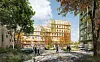 Den nye videregående skolen og det nye torget som skal bygges på Diakonhjemmet. Illustrasjon: Henning Larsen arkitekter.