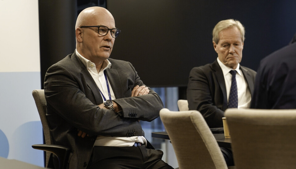 Thor Gjermund Eriksen sammen med styreleder Cato Hellesjø under pressemøtet som ble arrangert i forbindelse med Eriksens avgang som konsernsjef 27. februar. Foto: Håkon Mosvold Larsem / NTB