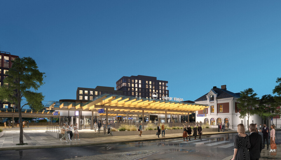 Illustrasjon av mulig ny løsning på Hamar stasjon. Illustrasjon: Bane Nor/Arkitema