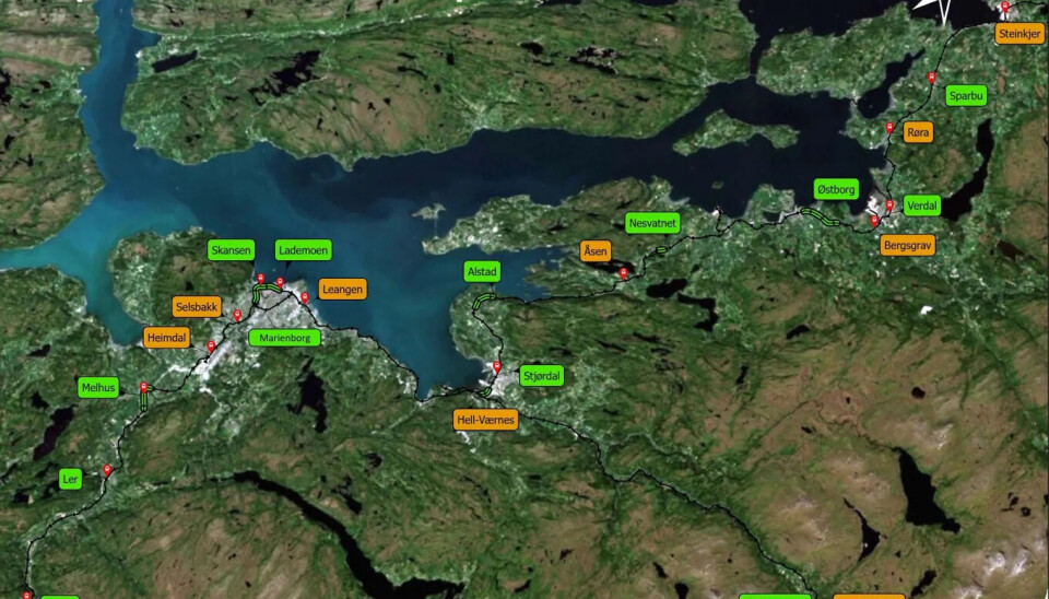 Kart som viser kapasitetsøkende tiltak på jernbanen i Trøndelag. Illustrasjon: Bane Nor