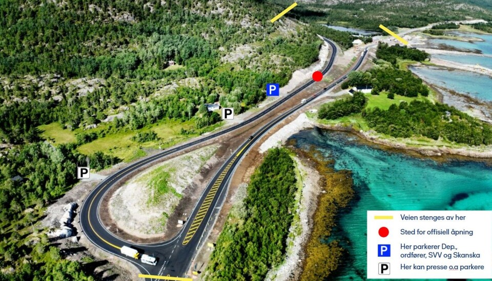 Bildet viser det nye Kåringskrysset og parkeringsmuligheter for pressen. foto/illustrasjon Skanska Norge AS