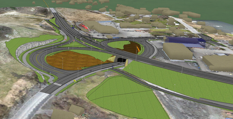 Veibustkrysset skal bygges om til et nytt toplanskryss med tilhørende av- og påkjøringsramper. Illustrasjon: Statens vegvesen