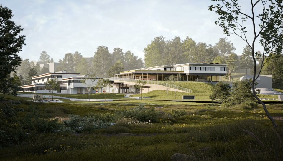 En foreløpig skisse viser rehabilitering og nybygg på Storetveit skole. Illustrasjon: Henning Larsen