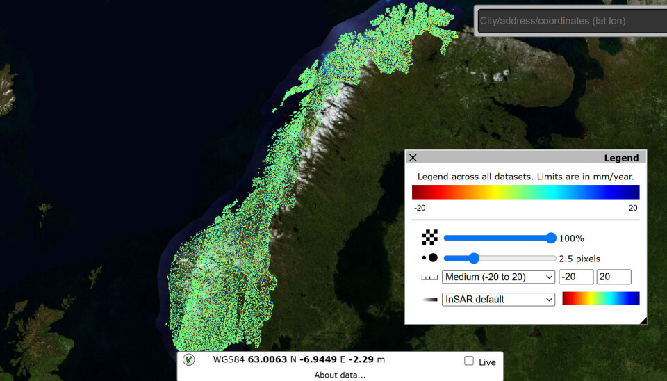 NGU skriver på sine nettsider at InSAR Norge er et kart med landsdekkende radarmålinger av bakkebevegelser fra satellitt. Dette kalles InSAR.
