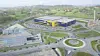 Luftperspektiv av Ikea-bygg omgitt av store parkeringsarealer og veianlegg på Forus.