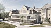 Illustrasjon av en stor historisk bygning med moderne glassfasade foran, omgitt av gangveier og grøntområde.