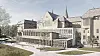 Illustrasjon av en stor historisk bygning med moderne glassfasade foran, omgitt av gangveier og grøntområde.