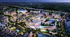 Flyillustrasjon av et stort moderne byområde med høyhus, grønne parker og en oval idrettsarena.