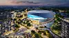 Digital illustrasjon av en opplyst, oval idrettsarena omgitt av bygninger, veier og grøntområder.