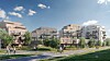 Illustrasjon av et moderne boligområde med leilighetsbygg, trær, gangveier og mennesker i et grønt uteområde.