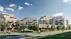 Illustrasjon av et moderne boligområde med leilighetsbygg, trær, gangveier og mennesker i et grønt uteområde.
