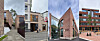 Collage med fire urbane bygninger i tegl og mur, sett fra gater og uteområder.